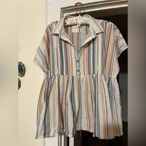Lucky Brand Cream and Brown Striped Blouse